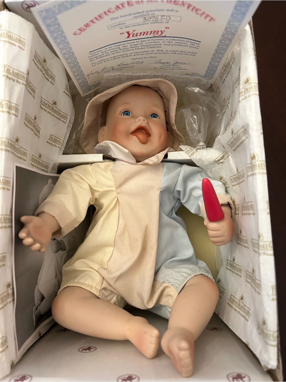 Yummy Collectible Baby Doll in Cream & Light Blue Outfit with Hat